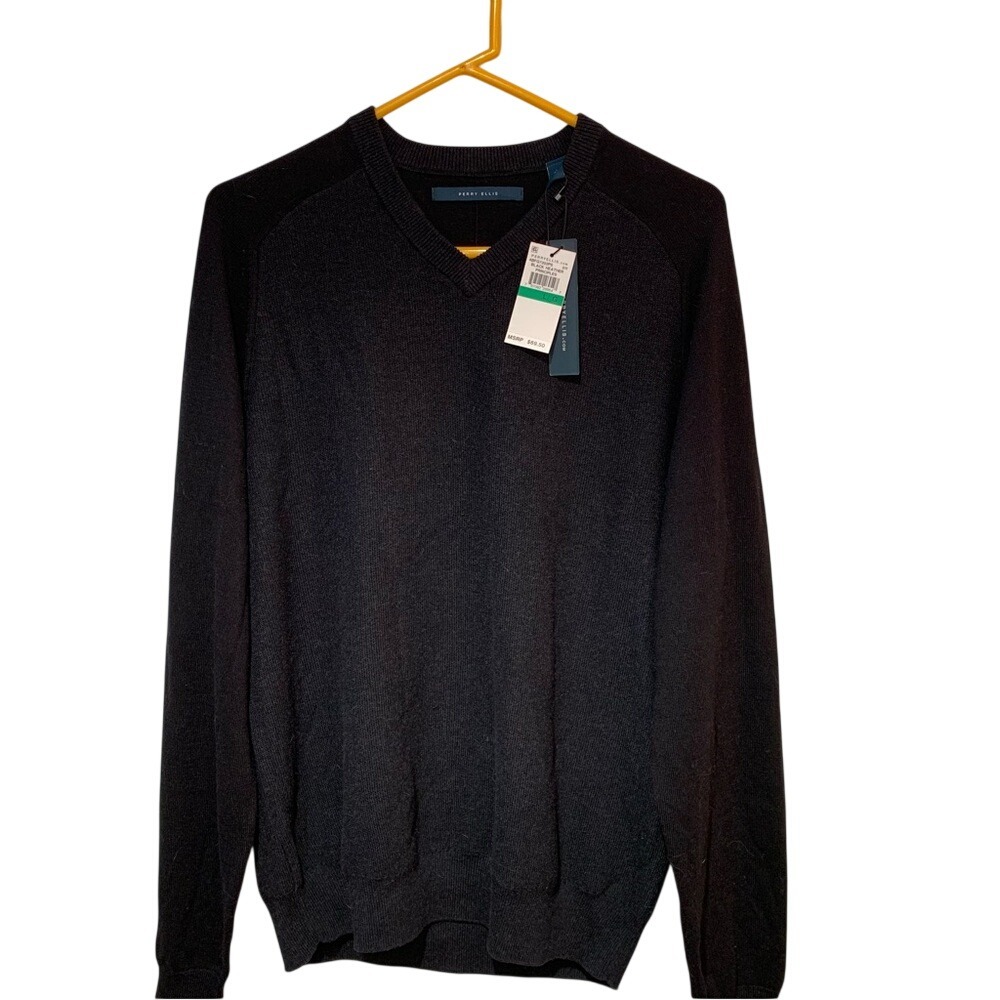 PERRY ELLIS. NWT. Black Knit Sweater/Cardigan. V-Neck. Size L. Black Heather‎